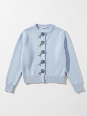 Coquette Blue Cardigan XS Embellished Floral Buttons Knit Sweater NWT
